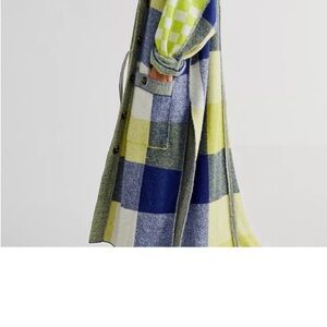 Free People Yellow, Blue & Gray Plaid Cardi Long Coat
